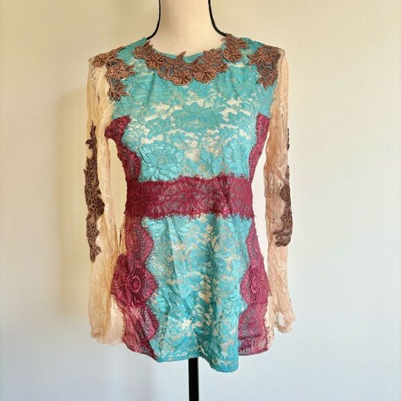 Sundance Coppelia Bohemian Sheer Mesh Lace Appliqué Embroidered Top Sz 2 - Picture 3 of 7